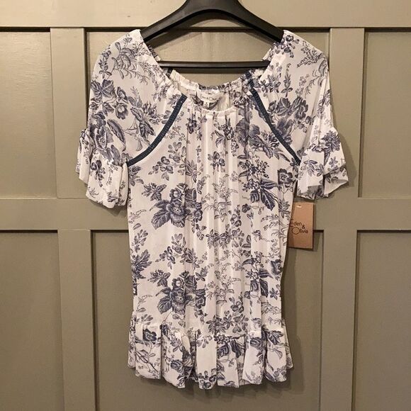 Anthropologie Eden & Olivia Blue & White Sheer Floral Boho Flowy Ruffle Top NWT - Picture 1 of 8